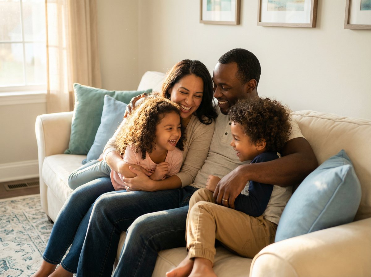 Diverse family laughing together on a couch